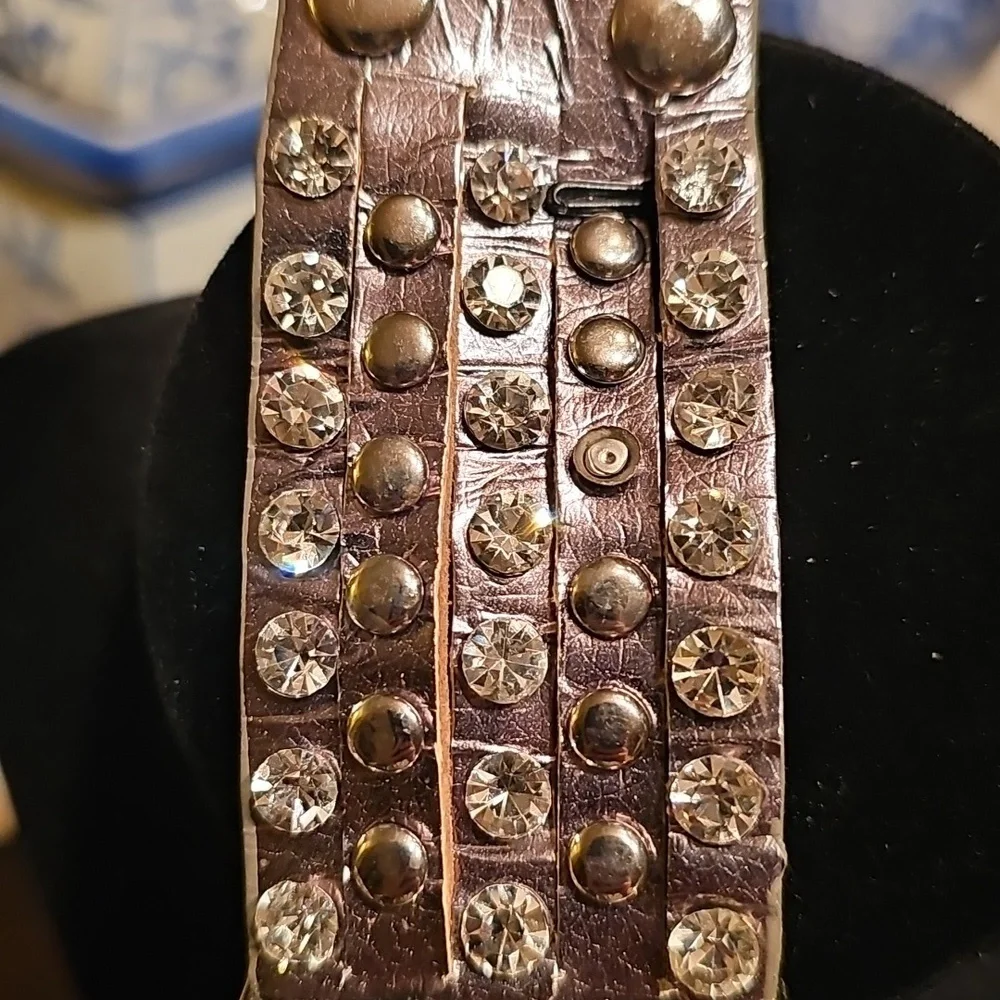 Silver Studded & Rhinestones Watch Leather Wrap 3 Adjustable Sizes